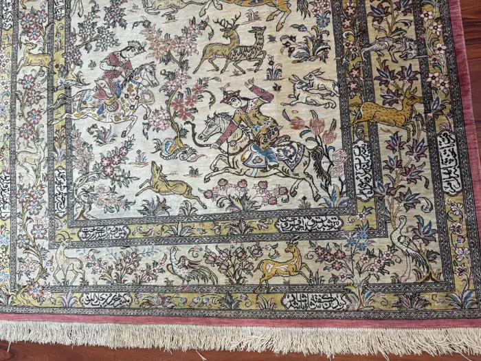 Extremely Fine Persian Silk Qum Rug Hunting Design - Image 16