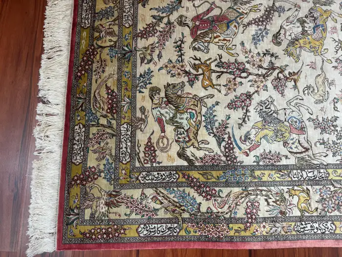 Extremely Fine Persian Silk Qum Rug Hunting Design - Image 2