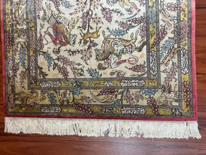 Extremely Fine Persian Silk Qum Rug Hunting Design - Image 3