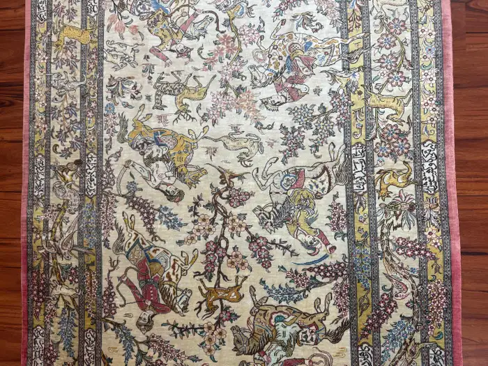 Extremely Fine Persian Silk Qum Rug Hunting Design - Image 4