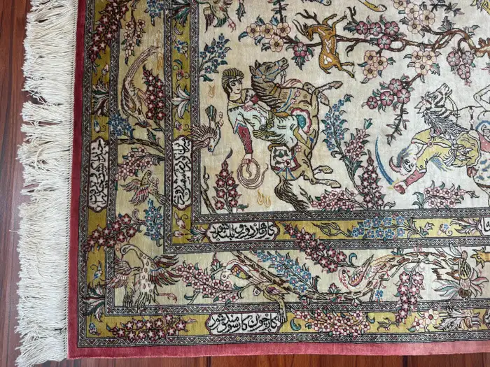 Extremely Fine Persian Silk Qum Rug Hunting Design - Image 5