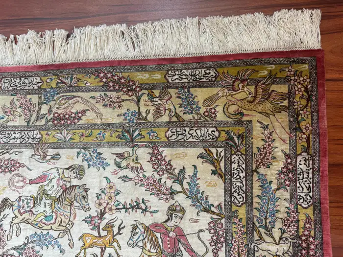 Extremely Fine Persian Silk Qum Rug Hunting Design - Image 6
