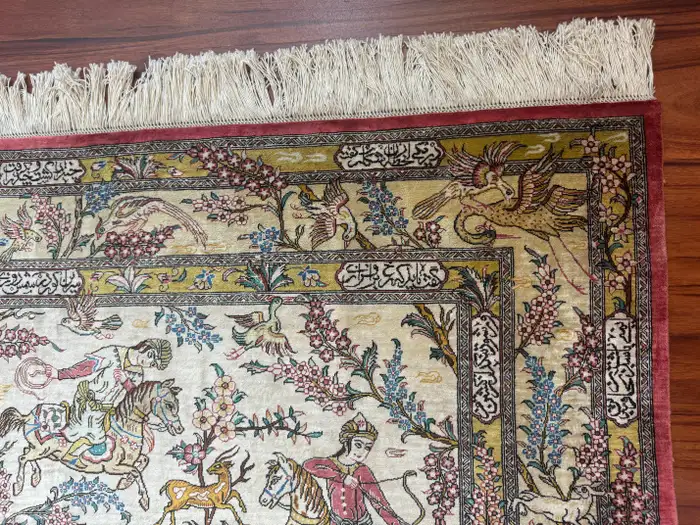 Extremely Fine Persian Silk Qum Rug Hunting Design - Image 7