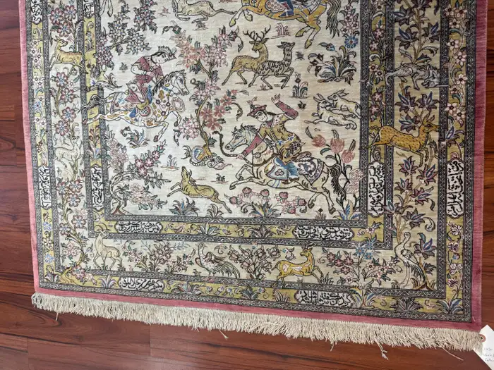 Extremely Fine Persian Silk Qum Rug Hunting Design - Image 9