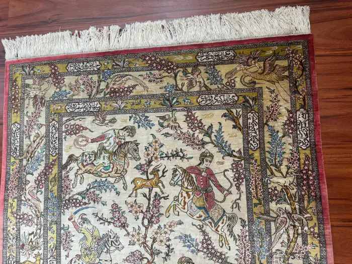 Extremely Fine Persian Silk Qum Rug Hunting Design - Image 11