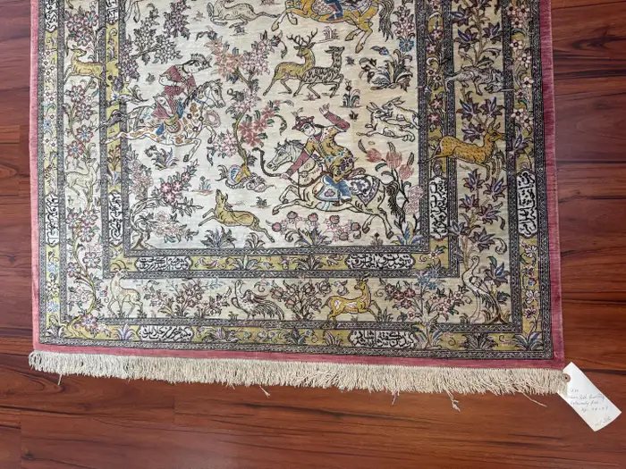 Extremely Fine Persian Silk Qum Rug Hunting Design - Image 12