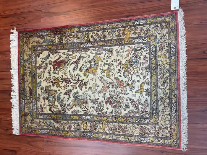 Extremely Fine Persian Silk Qum Rug Hunting Design - Image 14