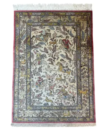 Extremely Fine Persian Silk Qum Rug Hunting Design