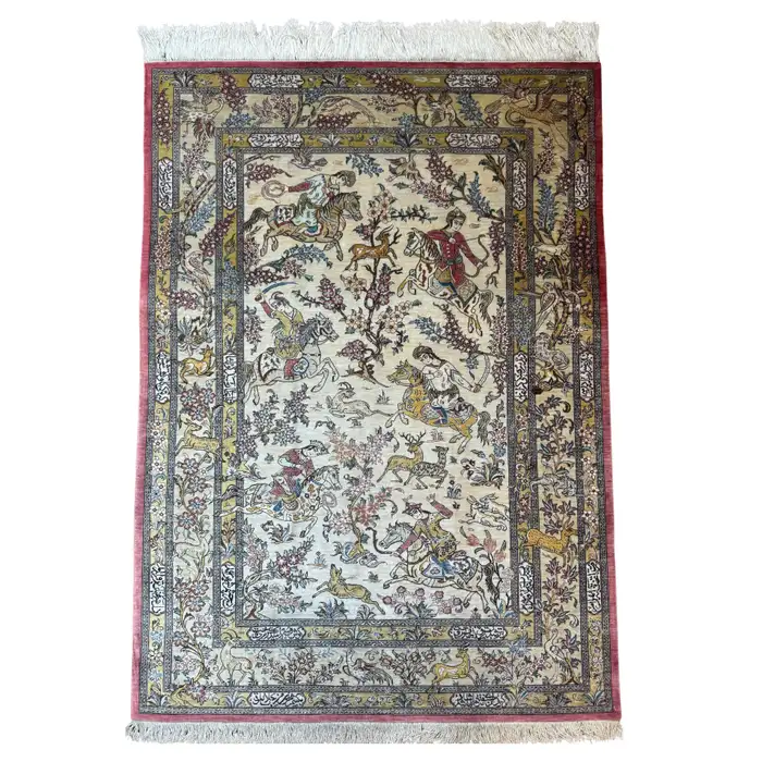 Extremely Fine Persian Silk Qum Rug Hunting Design